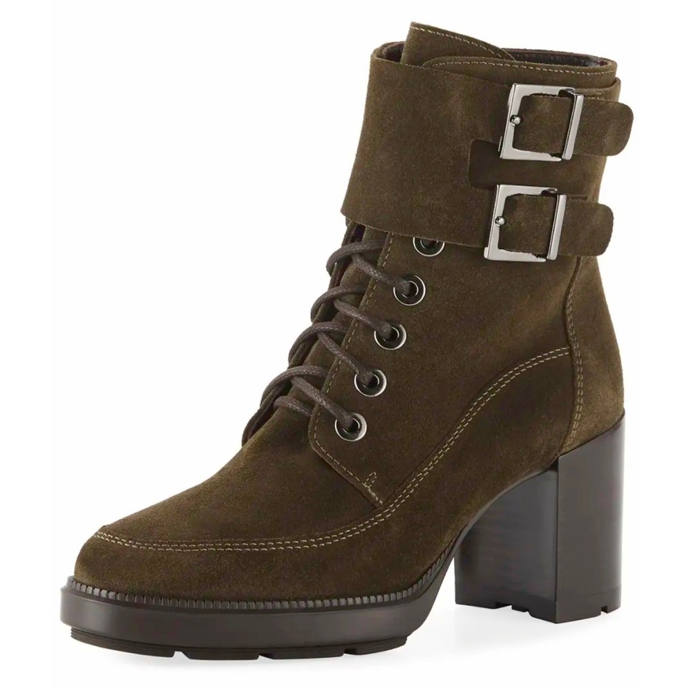 AQUATALIA Irene Waterproof Suede Stacked Heel Boots Buckles SZ: 9.5